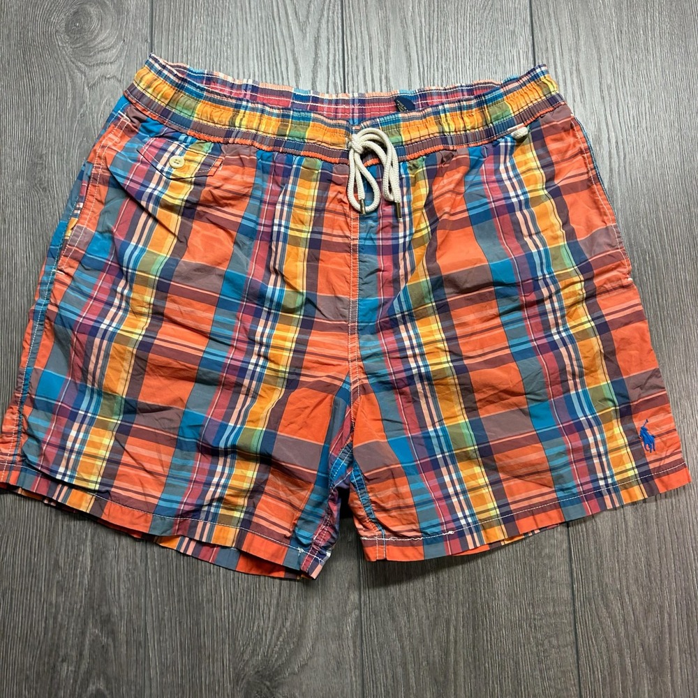 Polo Ralph Lauren Mens Large Plaid Swim Trunks Orange Blue Multi Color